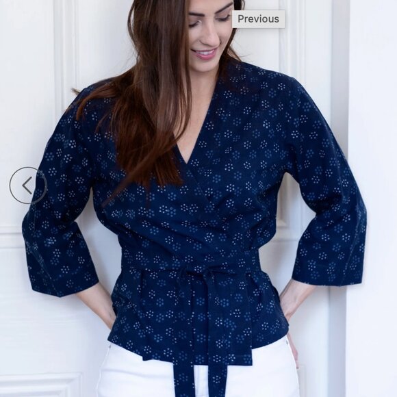 Anokhi Indian Wrap Top in Blue Dot Flower, Size S - Picture 9 of 10
